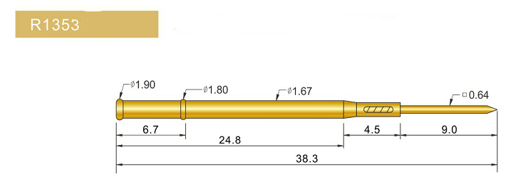 R1353-W探針套管、1.67mm測試針、總長38.3mm、彈簧針套管圖片、測試針套管圖片、頂針套管圖片、探針套管圖片